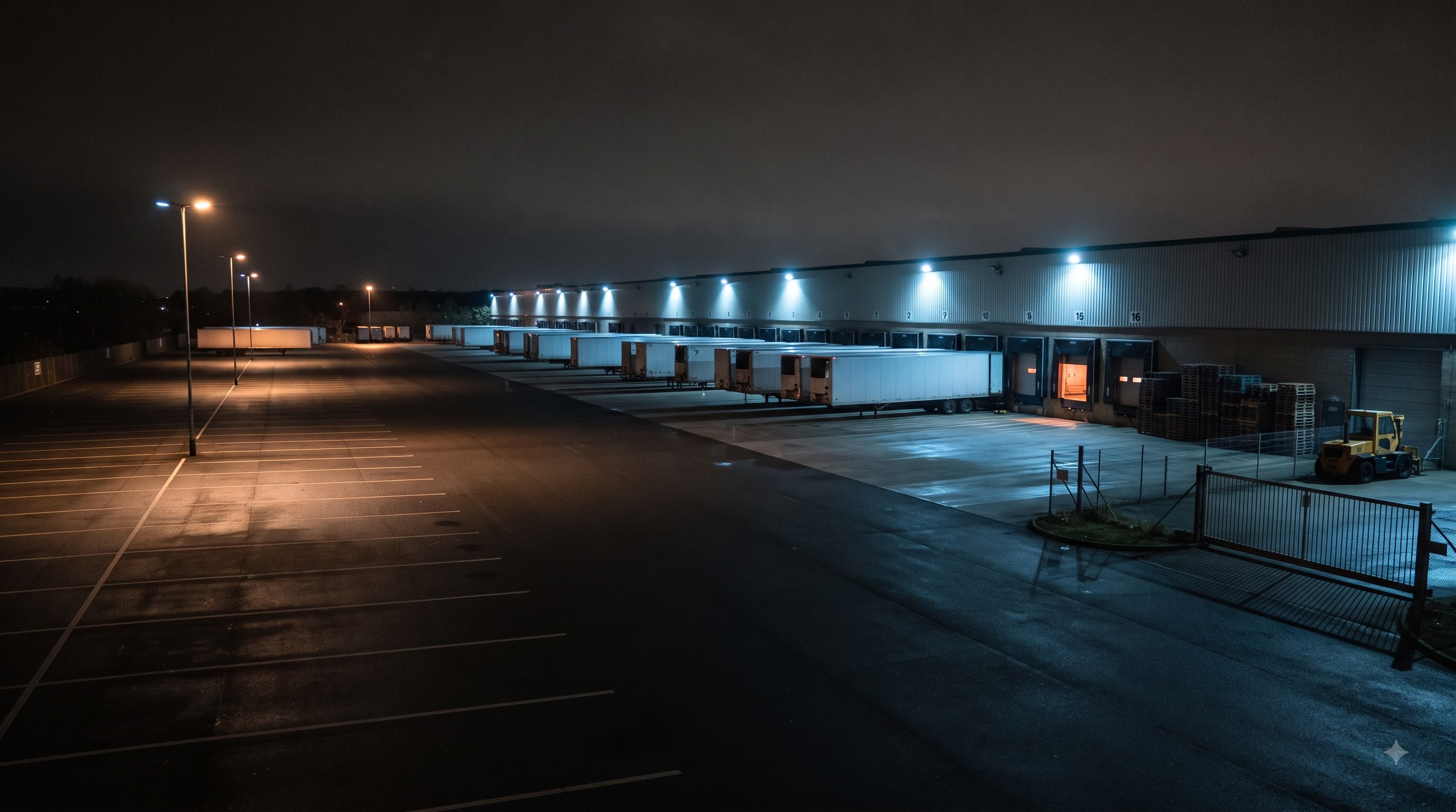 An empty logistics yard after dark, seen from a raised camera position.