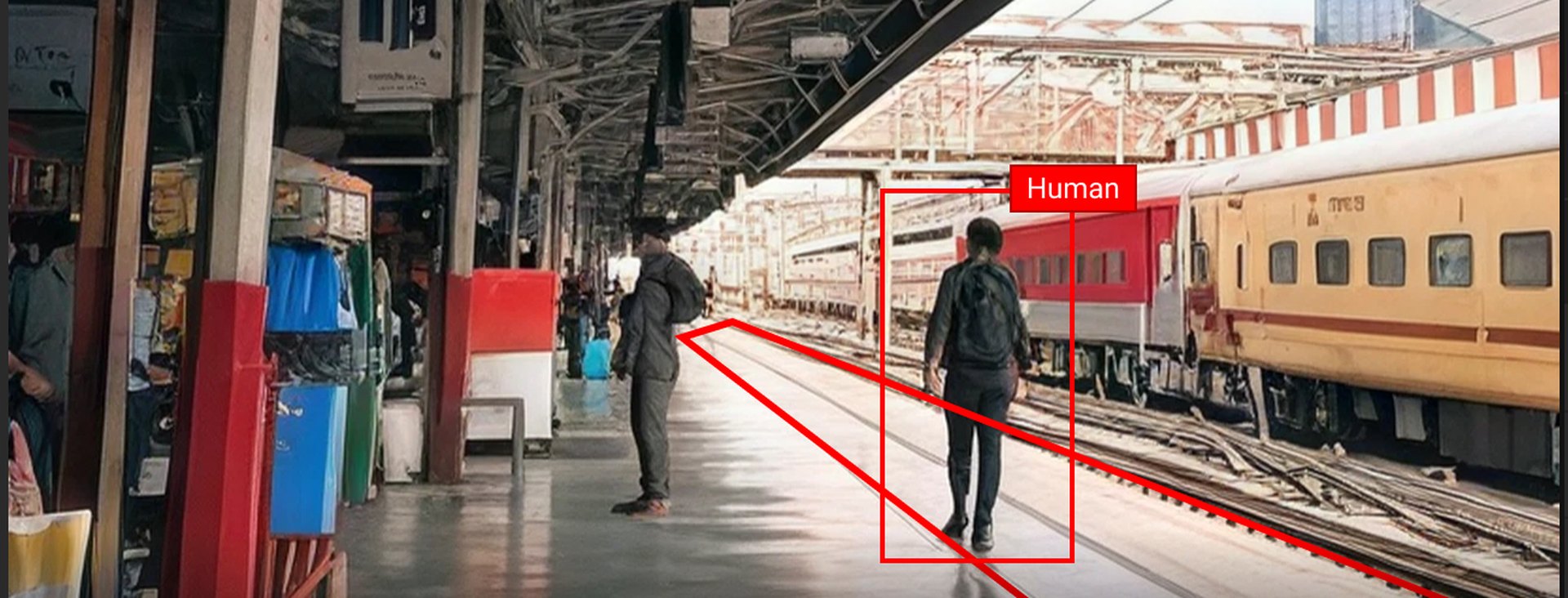 Secunderabad railway platform — a person detected walking on the track inside a monitored intrusion zone