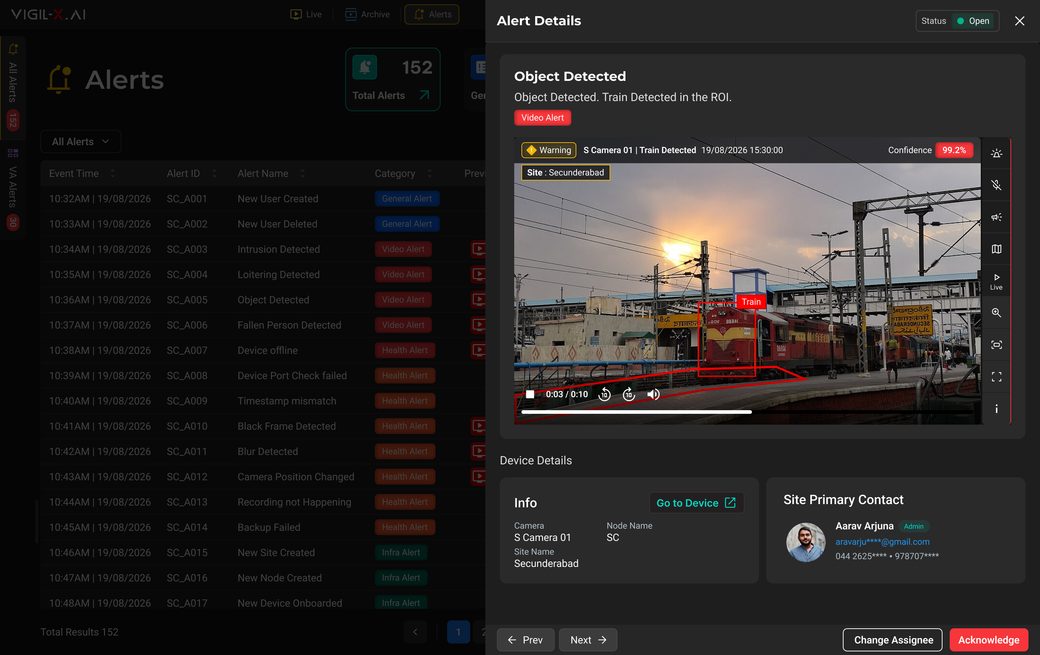 Vigil-X AI Sense — object detection alert with bounding box and event detail