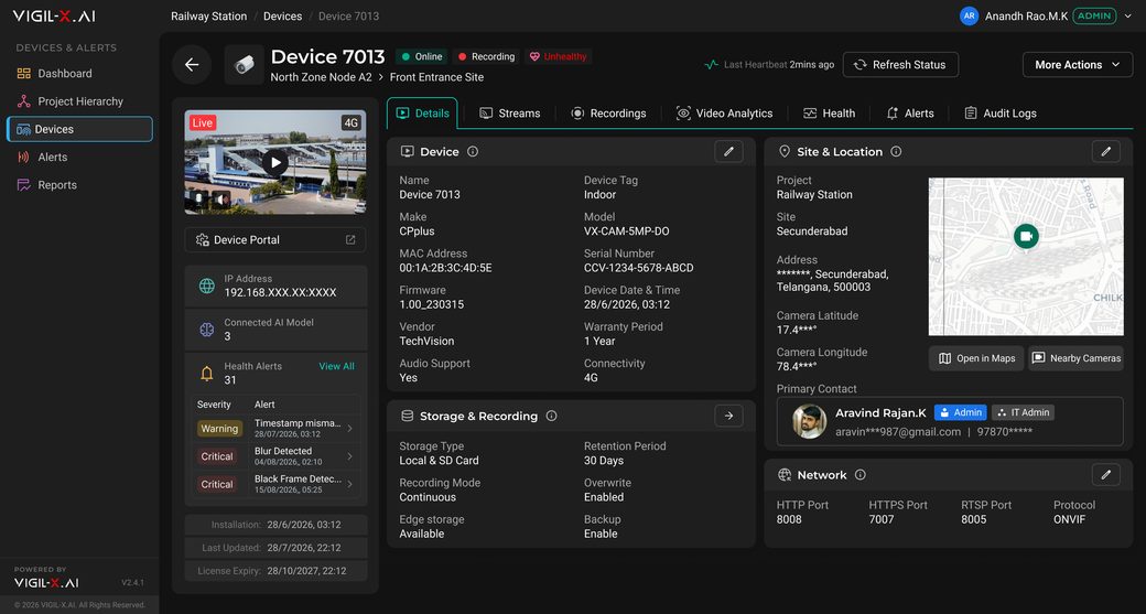 Vigil-X Check — device detail view with health and connectivity status