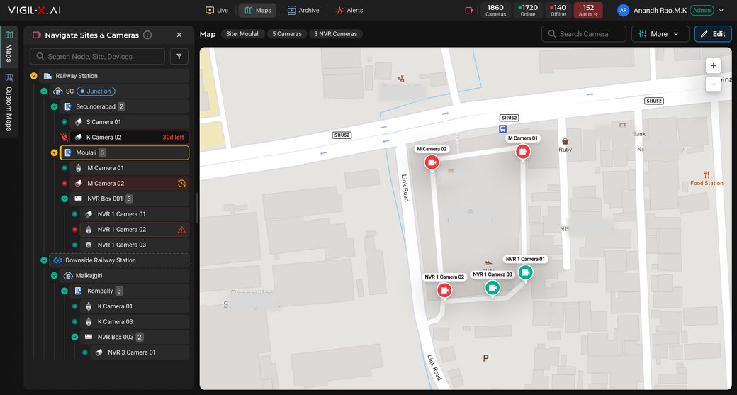 Vigil-X VMS map view — camera and NVR locations pinned on a street map of a site